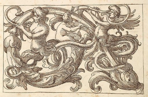 Horizontal Panel Design with Two Male Figures and a Putto Interspersed between  Acanthus Rinceaux