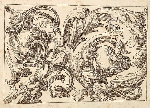 Horizontal Panel Design Filled with a Meandering Acanthus Rinceau and Two Fantastical Creatures.