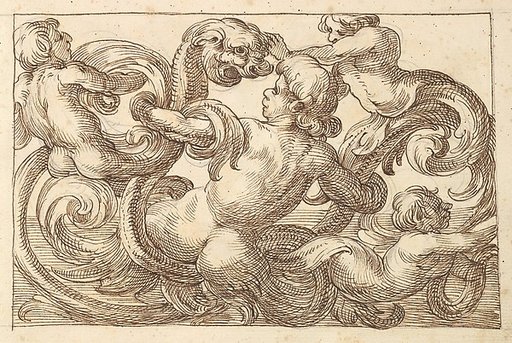 Horizontal Panel Design with Four Hybrid Male Figures and a Fantastical Creature Interspersed between Acanthus Rinceaux