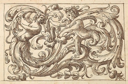 Horizontal Panel Design with Two Young Male Figures Interspersed between Acanthus Rinceaux