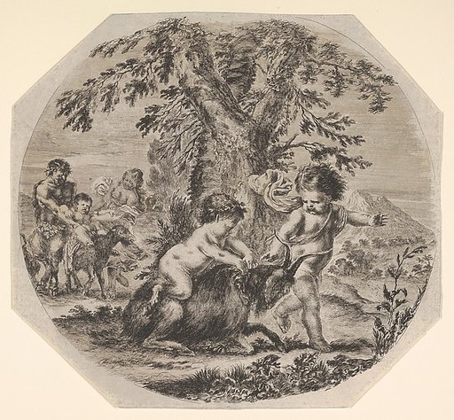 Two children playing with a goat in center, turned towards the right, a child satyr sitting atop the goat, the other child gesturing towards the right, a satyr and a woman watching their child ride a goat in the background