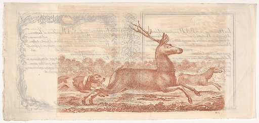 Stag and doe running towards the right, two dogs behind them to left, from "Hunts of various animals" (Chasses à différents animaux)