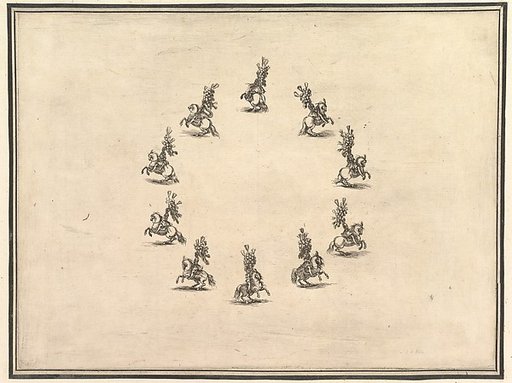 Six riders forming a circle, from "La gara delle Stagioni"
