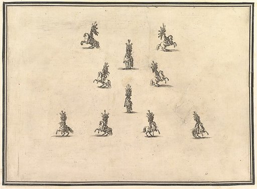 Four riders in a row at bottom, five riders forming a V above and another rider in the center, from "La Gara delle Stagioni"