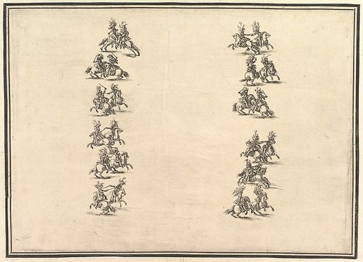 Twenty-four riders dueling and forming two columns, from "La Gara delle Stagioni"