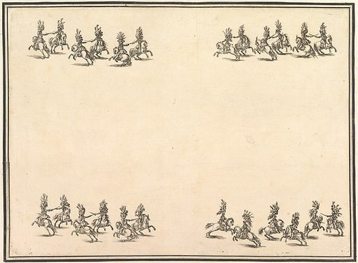 Twenty-four riders dueling with swords in four groups, with two groups in lines at the top and bottom of the page, from "La gara delle Stagioni"