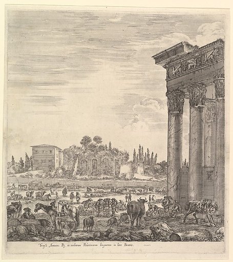 The columns of the Temple of Antoninus to right, a part of the Campo Vaccino in center and at left, from "Six large views, four of Rome, and two of the Roman countryside" (Six grandes vues, dont quatre de Rome et deux de la Campagne romaine)