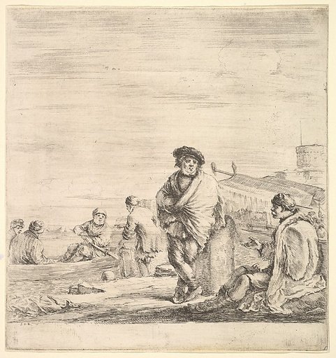 Standing sailor in center talking to a seated Levantine man to left, seen in profile, other sailors with a boat to left in the background
