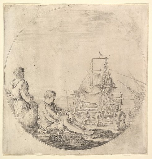 A Black sailor standing to left, in profile to the right, a White sailor seated in center with legs outstretched, a ship being repaired to right in the background