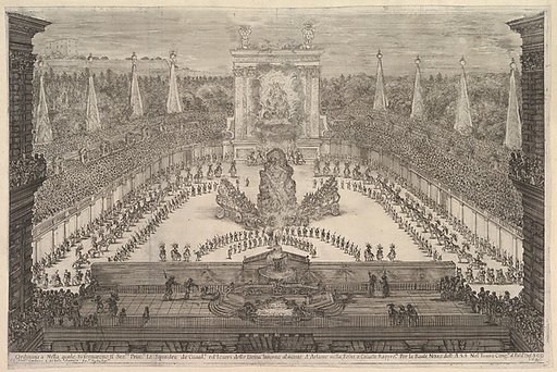 The Prince of Tuscany and his chariots arranged around Mount Atlas in center, from "Il mondo festeggiante"