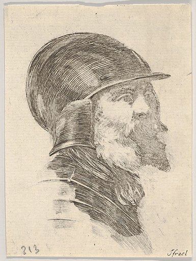 Plate 6: Head of an old bearded soldier wearing a helmet, facing right, from "Various heads and figures" (Diverses têtes et figures)