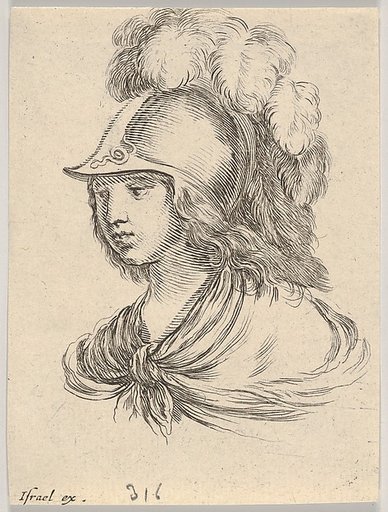 Plate 9: Bust of Minerva, wearing a helmet with feathers, looking towards the left, from "Various heads and figures" (Diverses têtes et figures)