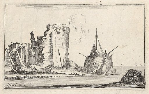 Plate 2: A ship at right and a rowboat at left, washed up on shore, a tower in ruins behind to left, from "Caprice faict par de la Bella"