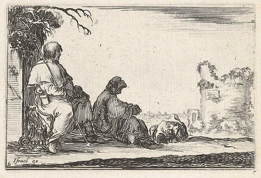 Plate 6: Two seated pilgrims and one laying down to left, a tower in ruins to right in the background, from "Caprice faict par de la Bella"