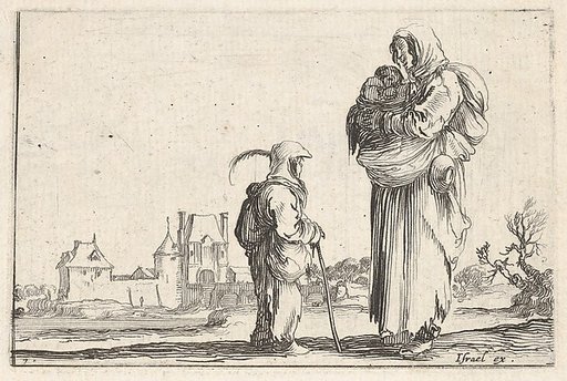 Plate 7: A peasant woman carrying a child to right, speaking to another child standing facing right in center, a castle to left in the background, from "Caprice faict par de la Bella"