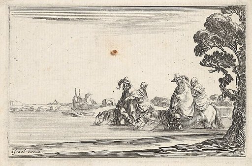 Plate 8: Two horsemen in hats at right, each with a woman seated behind them, riding towards the left in profile across a river, a tree at far right, from "Caprice faict par de la Bella"