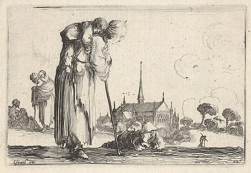 Plate 10: A peasant woman turned towards the right with a child on her back, a boy lying on the ground behind her in center, two women and a child to left in middleground, a church to right in background, from "Caprice faict par de la Bella"