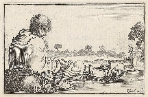 Plate 11: An old man sitting on the ground to left, seen from behind, a peasant woman seen from behind to right in background, from "Caprice faict par de la Bella"