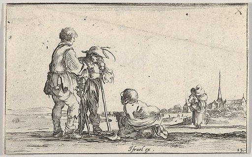Plate 13: Two peasants standing to left, a cripple kneeling on the ground in center, a woman carrying a child seen from behind to right in middleground, a church to right in background, from "Caprice faict par de la Bella"