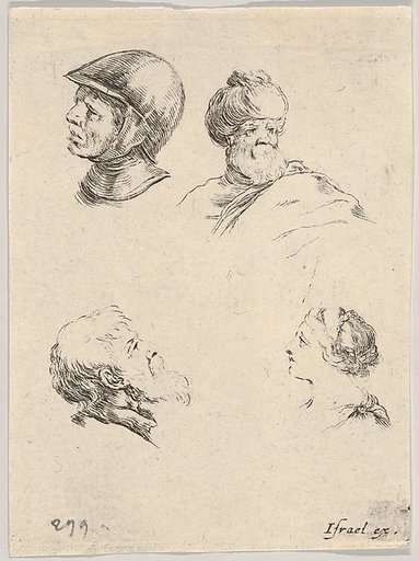 Plate 8: Four small heads, a soldier at upper left, a Turk with a turban and beard at upper right, a bearded man in profile at bottom left, a young woman in profile at bottom right, from "The Book for Learning to Draw" (Livre pour apprendre à dessiner)