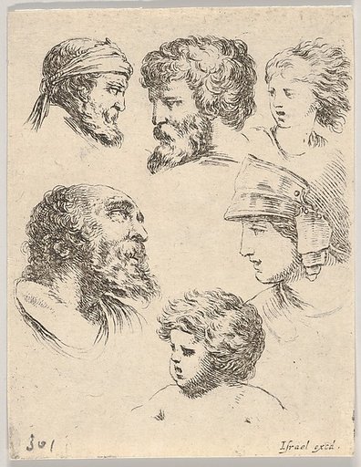 Plate 10: Six heads, three bearded men, one soldier, and two children, from "The Book for Learning to Draw" (Livre pour apprendre à dessiner)