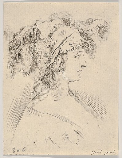 Plate 15: Mid-bust of a young woman in profile wearing a hat topped with feathers, from "The Book for Learning to Draw" (Livre pour apprendre à dessiner)