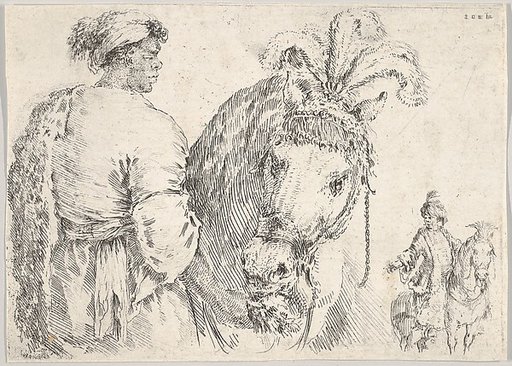 A man at left in profile giving a handful of hay to a horse at center, a horseman to the right in background