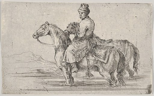 A valet taking two horses to bathe, sitting atop one horse in a river, the other beside him to right