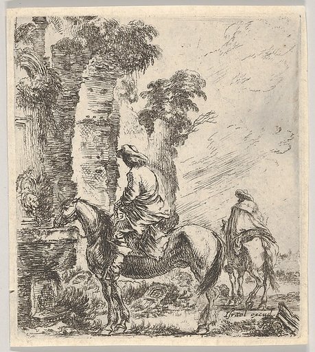 A rider making his horse drink from a basin of a fountain at left, another horseman seen from behind riding towards the left in the background, plate 19 from "Various figures and doodles" (Diverses figures et griffonnemens)