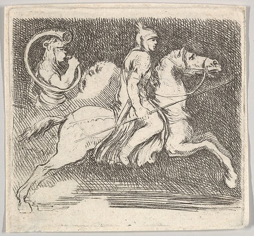 A soldier in profile galloping to the right holding a lance in his right hand, followed by another horseman behind, plate 20 from "Various figures and doodles" (Diverses figures et griffonnemens)