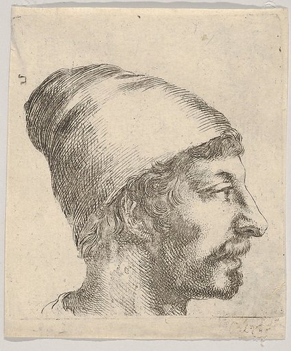 Plate 38: Head of a man with a moustache and cap, facing right in profile, from "Various Portraits" (Recueil de diverses pièces servant à l'art de portraiture)