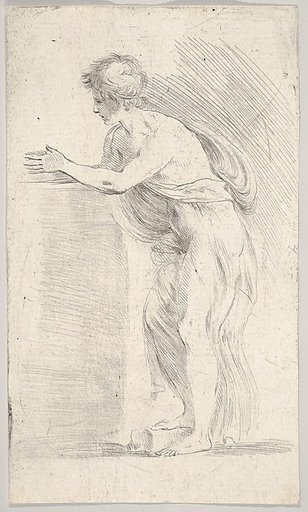Study of a young man pressing his hands together, standing in profile facing left