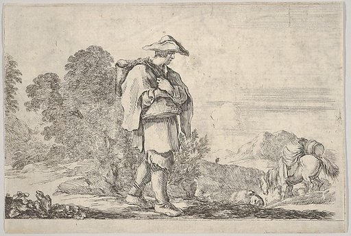 Plate 11: A peasant wearing a hat at center, walking towards the right, a horse descending a mountain to right in the background, trees to left in the background, from "Twelve Landscapes" (Suite de douze paysages)