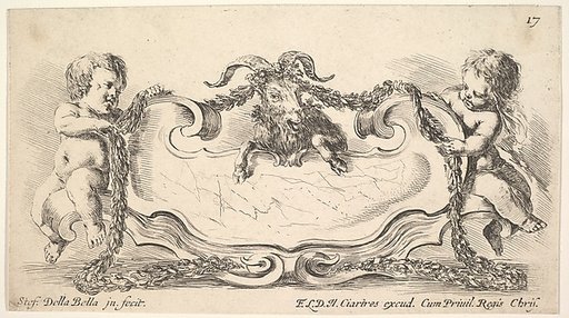 Plate 17: A cartouche with a marble center, an infant on either side holding a garland over the horns of a ram in center, from "Collection of various caprices and new inventions of cards and ornaments" (Raccolta di varii cappriccii et nove inventioni di cartelle et ornamenti)