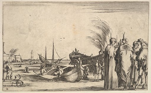 Three Turks and an Italian gentleman standing to right, men work on small boats in center, a fortress to left in the background, from "Set of eight nautical landscapes" (Suite de huit Marines)