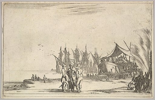 Three men wearing hats standing in center, men fixing a ship to right, five ships and various figures in center background, from "Set of eight nautical landscapes" (Suite de huit Marines)