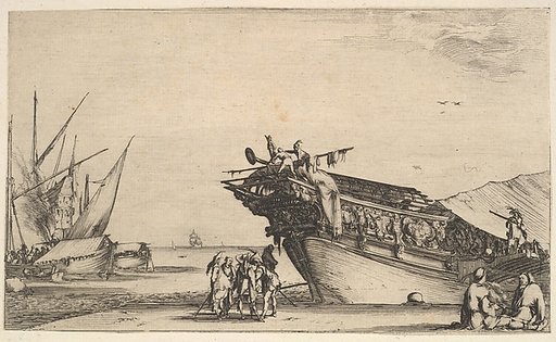 Two men sitting to right, one man is smoking, five men standing in center, the bow of a ship on shore to right, two other ships to left in the background, from "Set of eight nautical landscapes" (Suite de huit Marines)