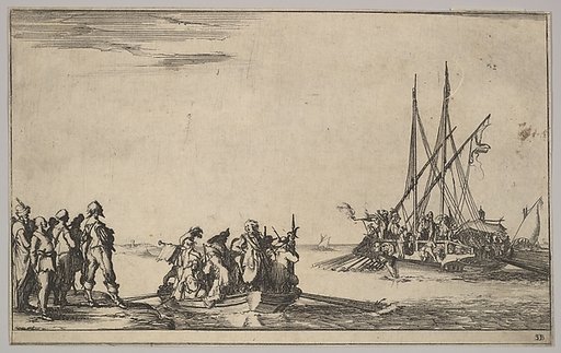A rowboat full of men in center, a group of men standing on shore at left, a ship full of men, one firing a pistol, at right, from "Set of eight nautical landscapes" (Suite de huit Marines)