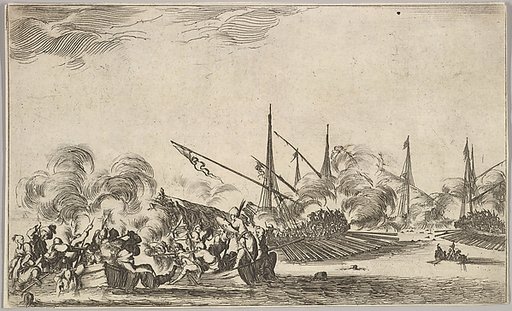 Combat between several rowboats and ships, two groups of men in rowboats fighting to left, two ships full of combatants to right, other ships and clouds of smoke in the background, from "Set of eight nautical landscapes" (Suite de huit Marines)