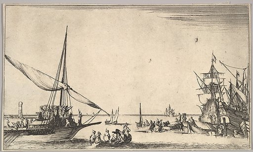 A galley arriving at port to left, several rowboats in center, ships at port to right, from "Set of eight nautical landscapes" (Suite de huit Marines)