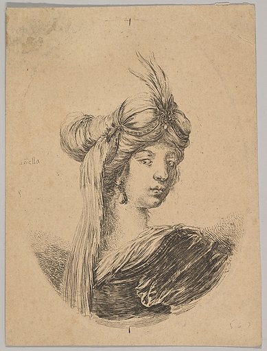 A woman wearing an ornate turban with a veil, seen from behind and turned three-quarters to the right, from "Several heads in the Persian style" (Plusieurs têtes coiffées à la persienne)