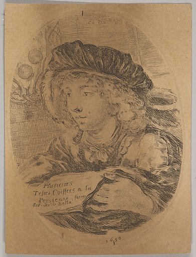 A bust of a young man wearing a cap with feathers, turned three-quarters to the left, the coat of arms of the Grand Duke of Tuscany in top left, title page from "Several heads in the Persian style" (Plusieurs têtes coiffées à la persienne)