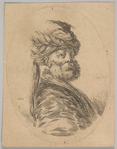 A Turkish man with a beard and turban with one long feather in front, turned three-quarters to the right, from "Several heads in the Persian style" (Plusieurs têtes coiffées à la persienne)