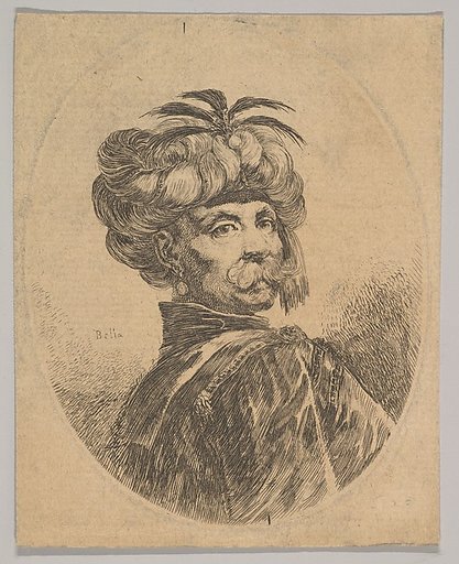 A Turkish man with a moustache, wearing a turban decorated with five egret feathers, turned three-quarters to the right, from "Several heads in the Persian style" (Plusieurs têtes coiffées à la persienne)