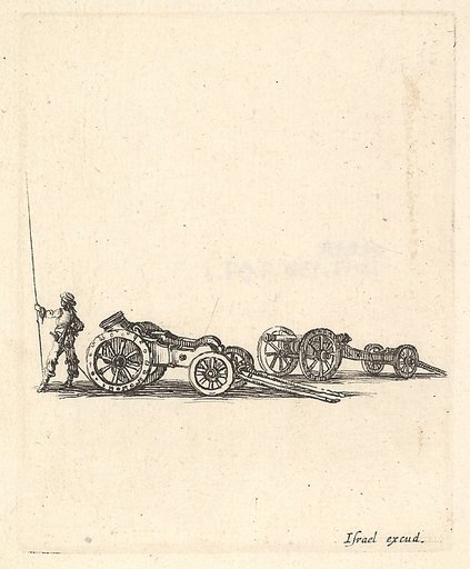 A mortar and a cannon, both mounted on carriages, a soldier shown from the back stands to the left, from "Equipment needed for Fortification" (Recueil de diverses pièces très nécessaires à la fortification)