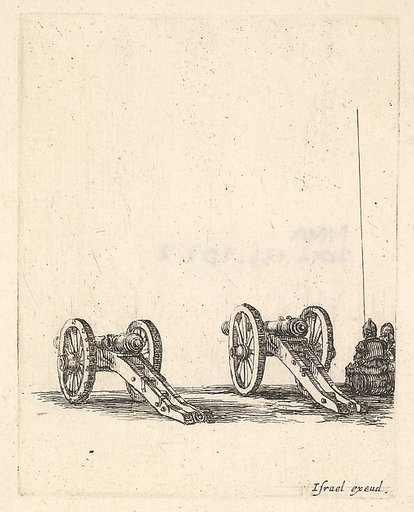 Two cannons, two soldiers seen from the back seated to the right, from "Equipment needed for Fortification" (Recueil de diverses pièces très nécessaires à la fortification)