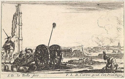 Plate 2: A cannon to the left, a town in the background, from "Various Military Caprices" (Varii capricci militari)
