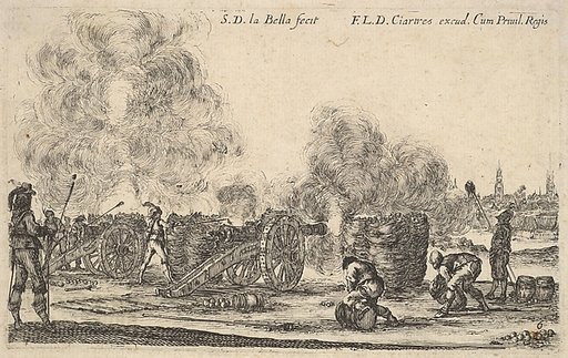 Plate 6: A battery of cannons firing on a town, from "Various Military Caprices" (Varii capricci militari)