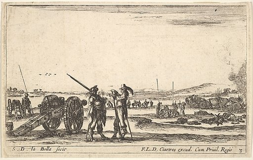 Plate 3: An officer giving orders to a soldier in centre foreground, cannon at left, from "Various Military Caprices" (Varii capricci militari)