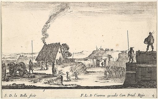 Plate 4: A military encampment with a soldier standing on a parapet to the right beating a drum, from "Various Military Caprices" (Varii capricci militari)
